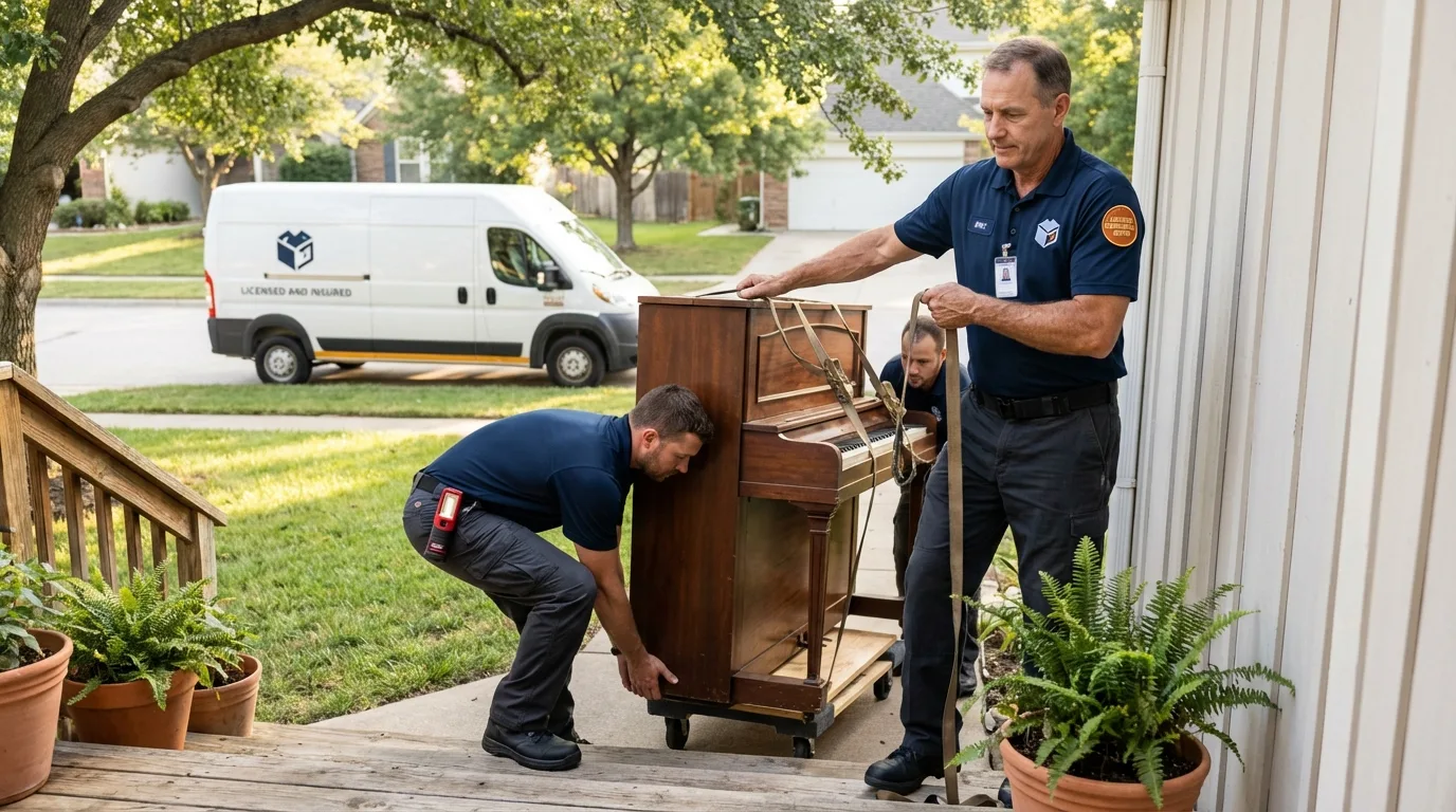 Licensed piano movers securing grand piano in Milton, WI