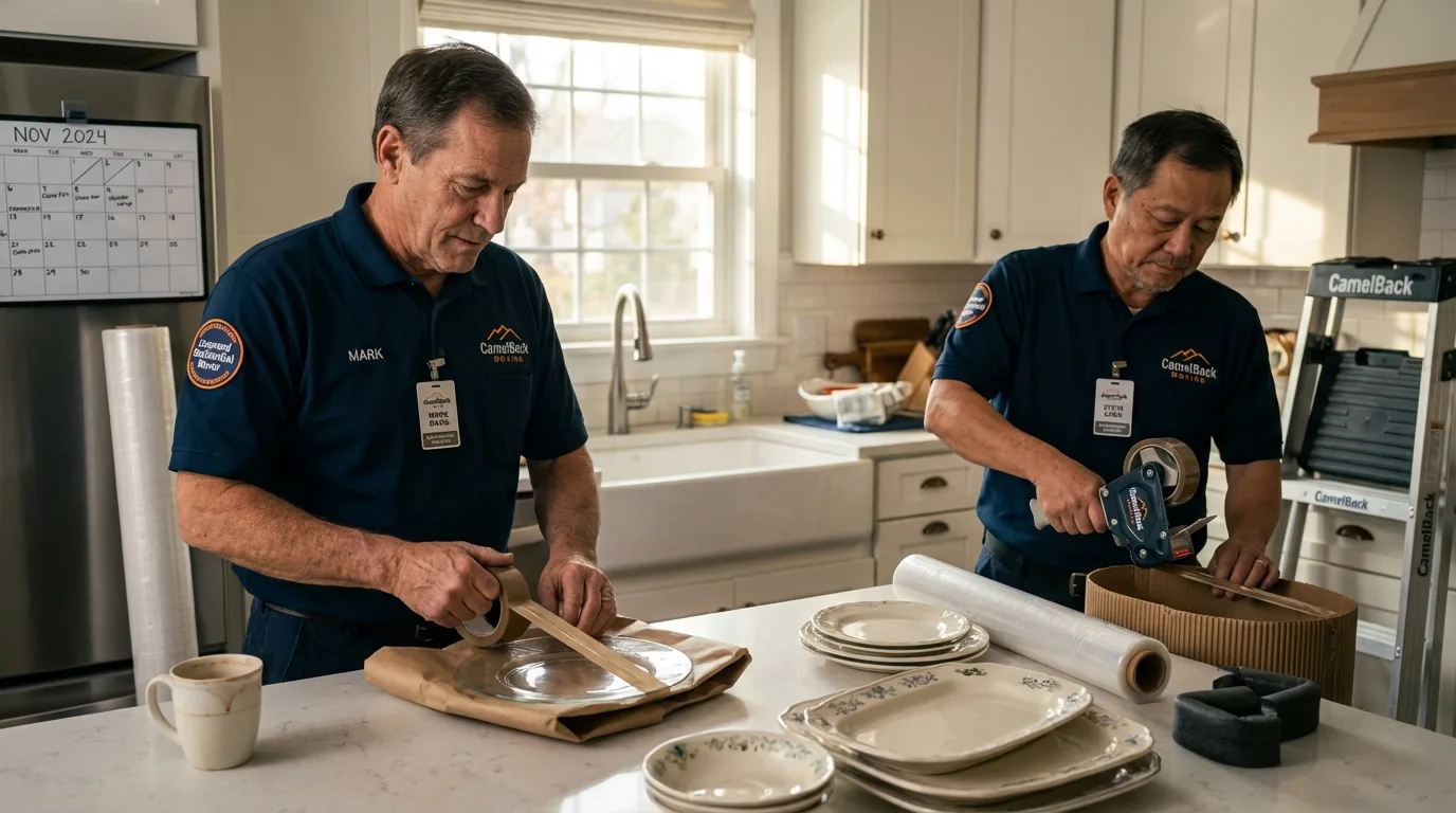 Professional crew packing kitchen dishware in Milton, WI